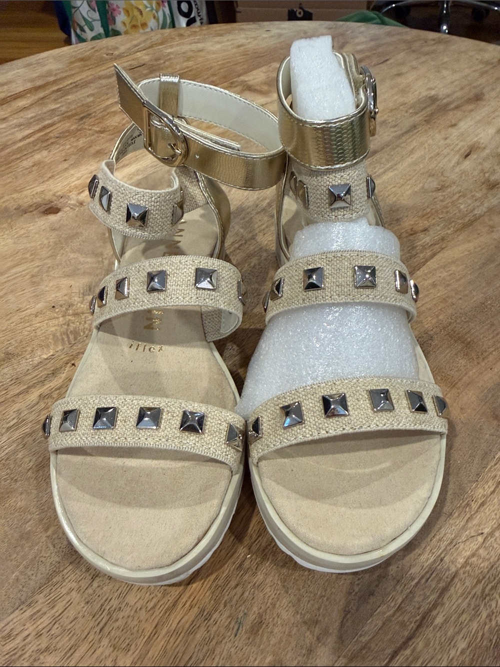 Anne Klein Gold and Beige Studded Strappy Sandals